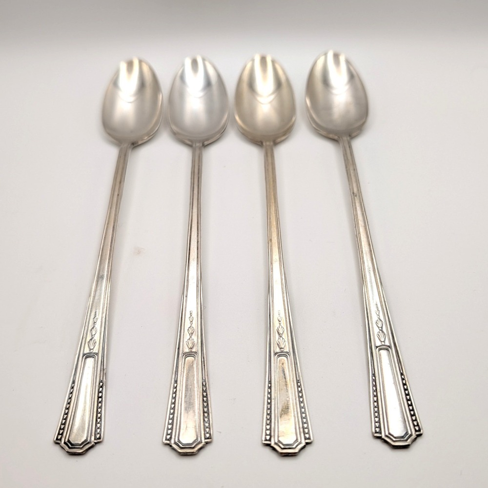 Fairfield Silverplate Iced Tea Spoons Art Deco Pattern Set of 4 7.5"